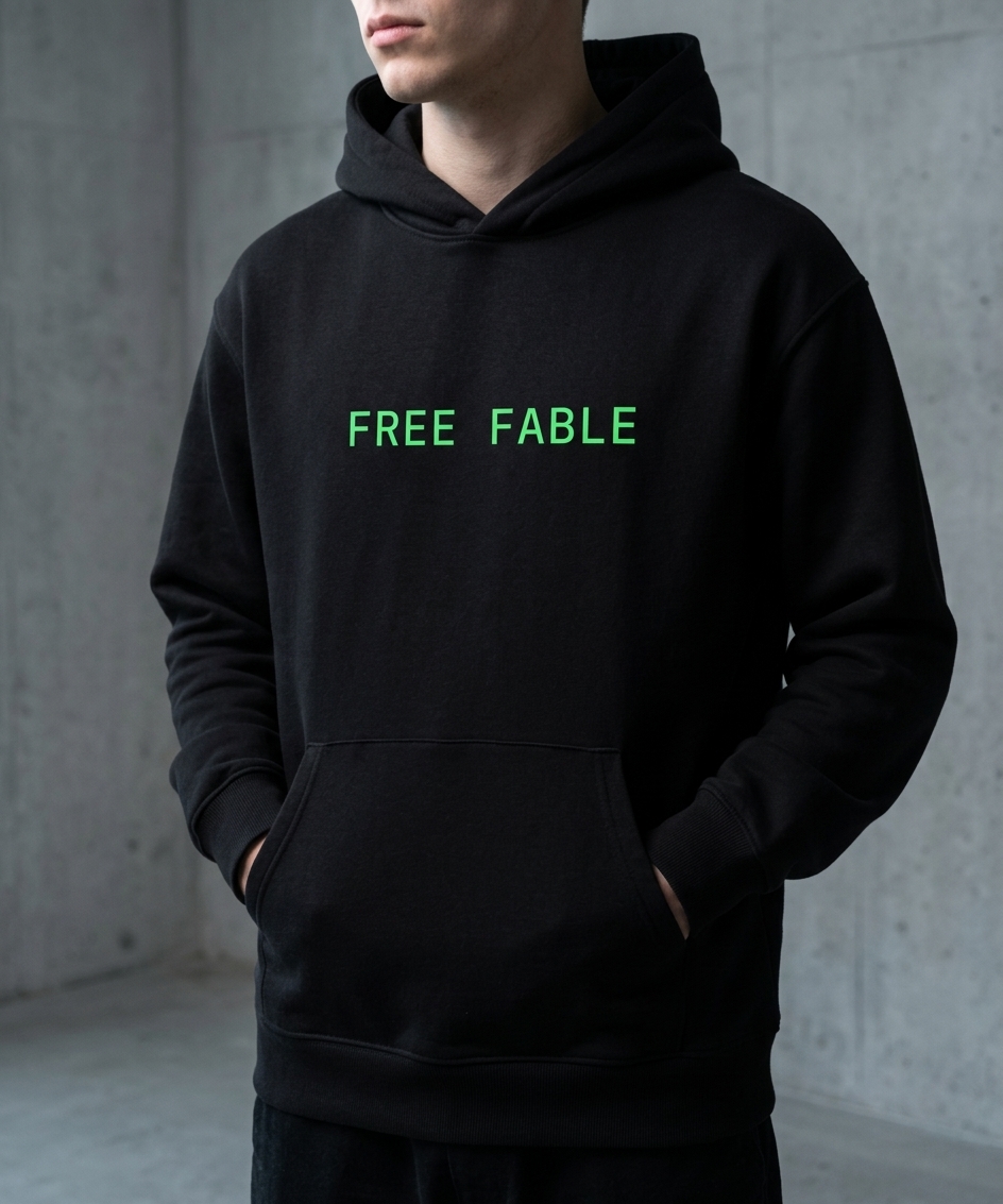 Studio portrait of a man in the black FREE FABLE pullover hoodie with terminal-green print, against concrete