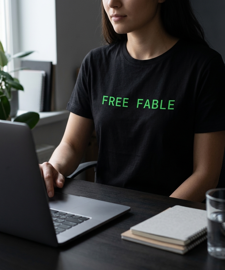 Woman at a laptop in a calm daylit workspace, wearing the black FREE FABLE tee with terminal-green print